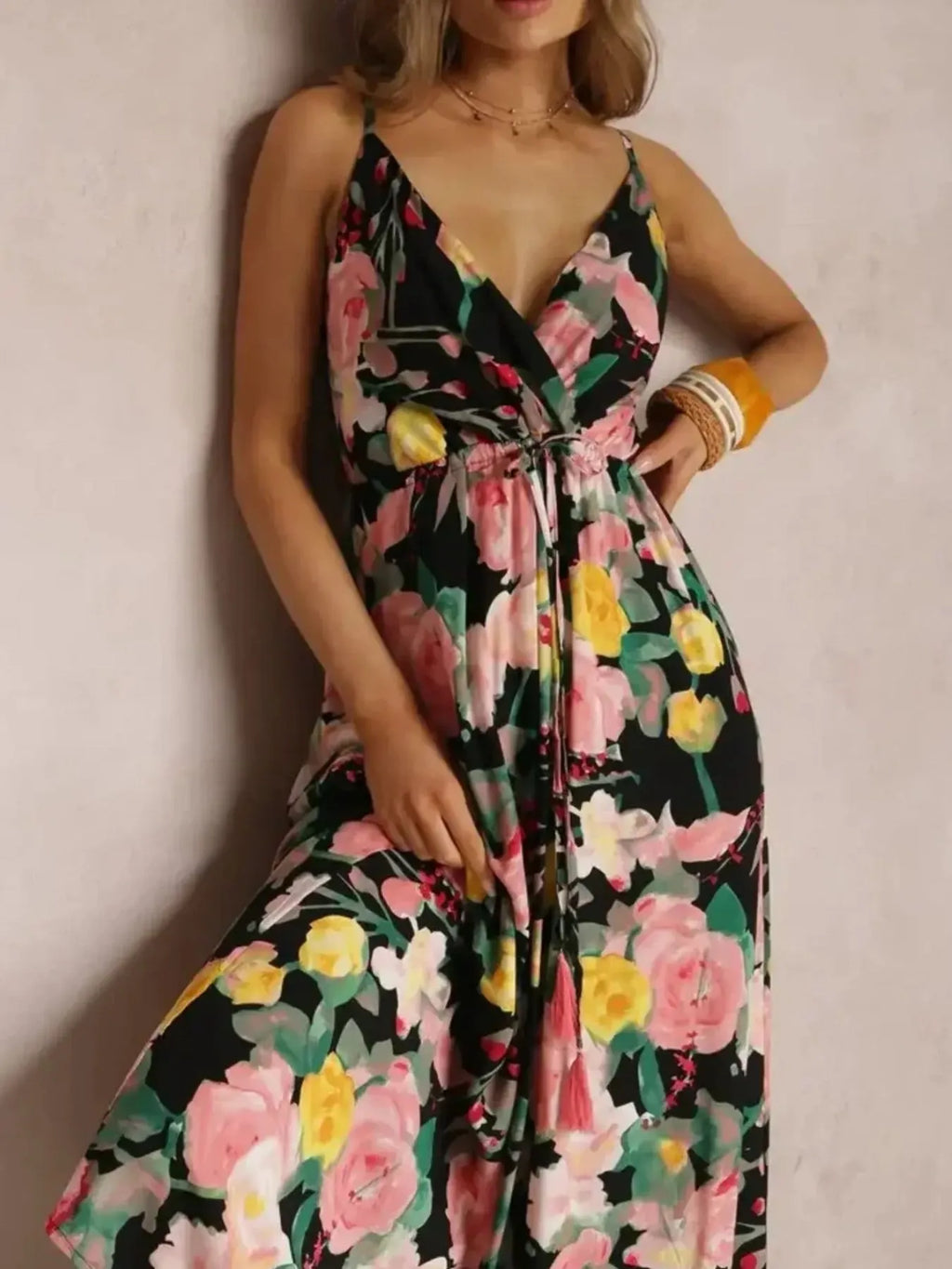 Floral Print Surplice Spaghetti Strap Maxi Dress