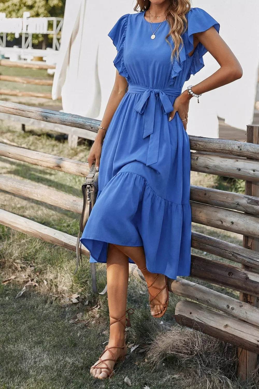 Ruffled Sleeve Tie Waist Midi Dress