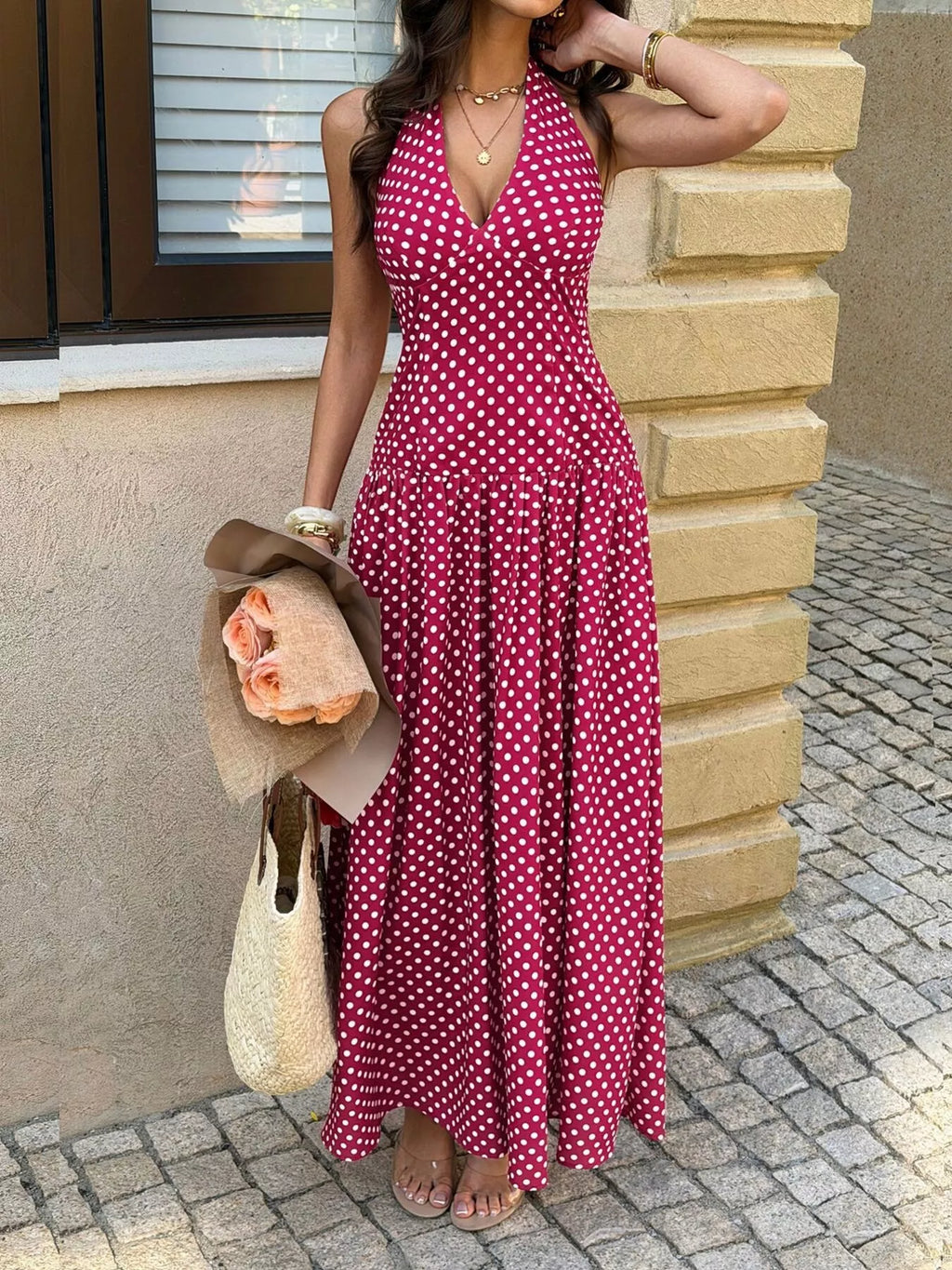 Polka Dot Halter Neck Maxi Dress