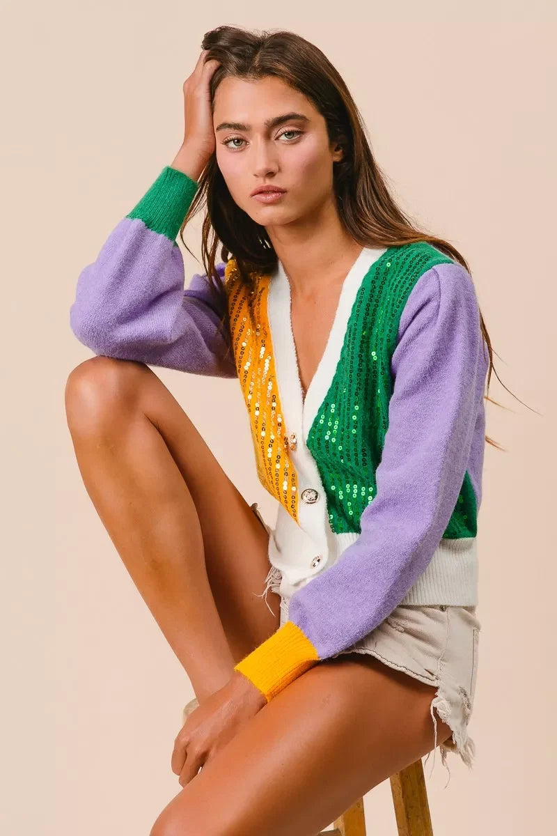 BiBi Mardi Gras Color Block Sequin Sweater Cardigan