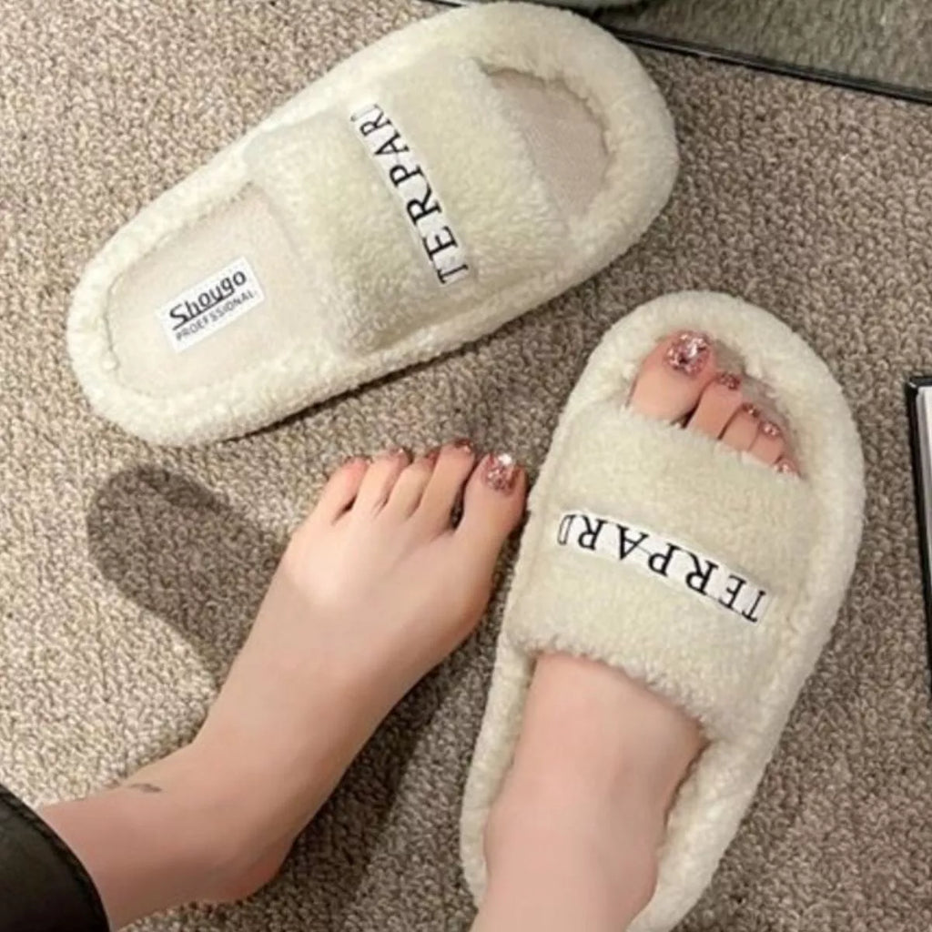 Fuzzy Plush Open Toe Slippers