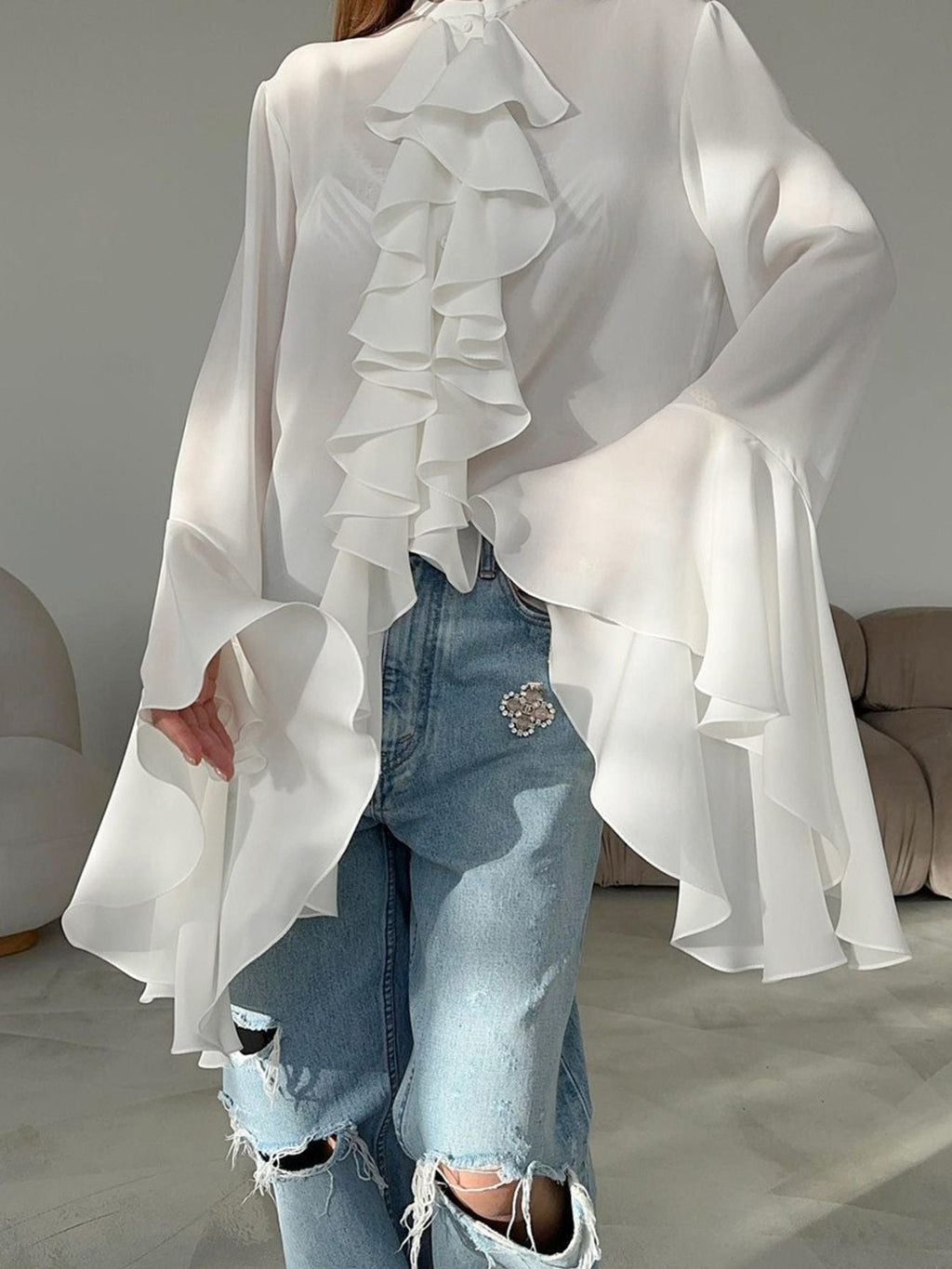 Ruffle Trim Flounce Sleeve Blouse