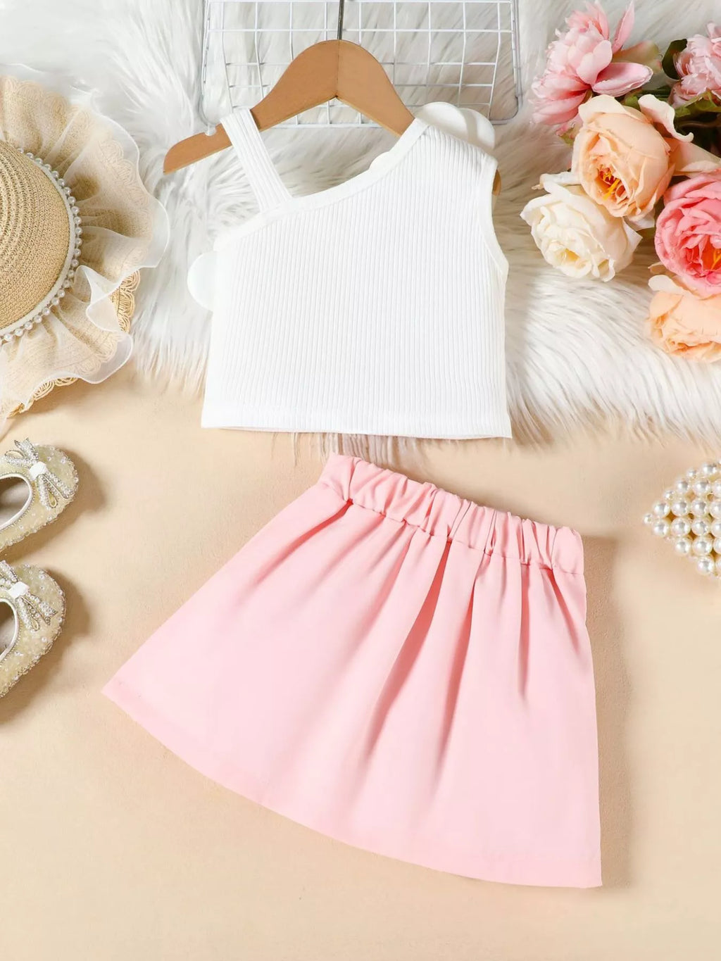 Children's Floral Applique Tank Top & Pleated Skirt Set