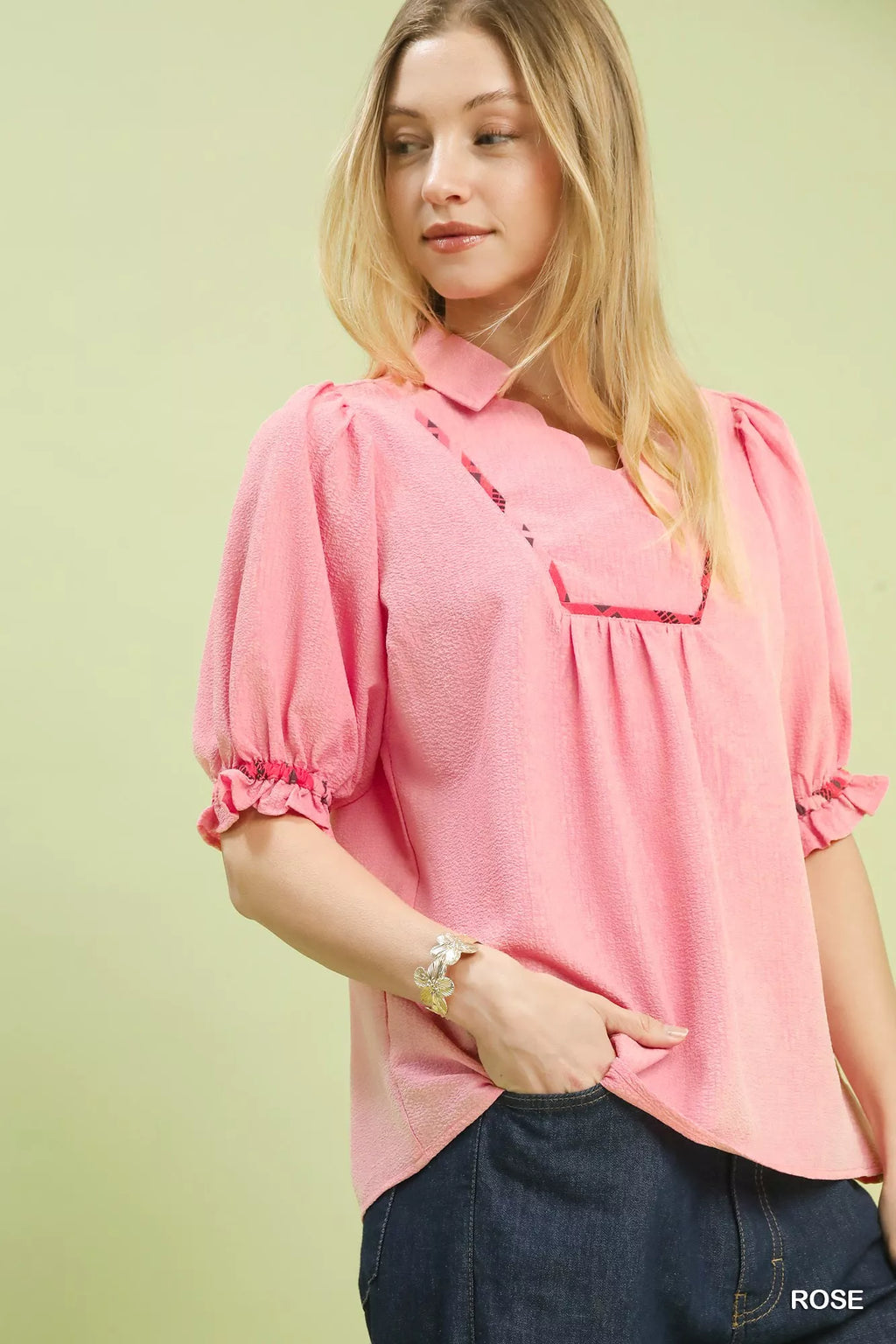 Umgee Scalloped Trim Blouse with Puff Sleeves