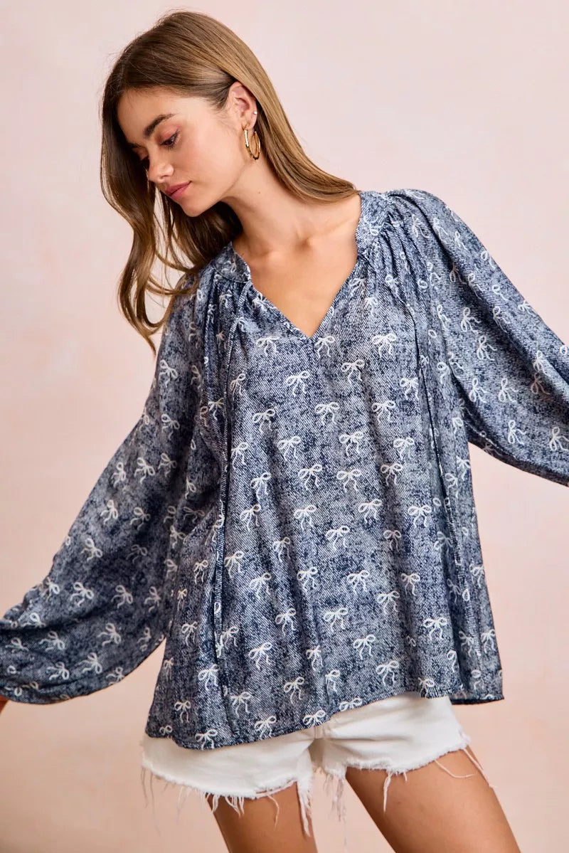 BiBi Ribbon Bow Print Exaggerated Balloon Sleeves Top