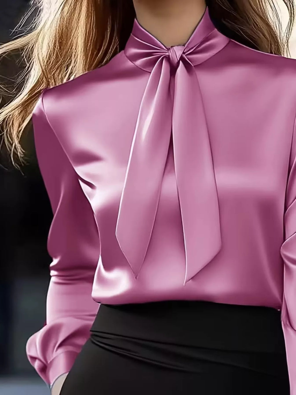 Satin Bow Tie Long Sleeve Blouse