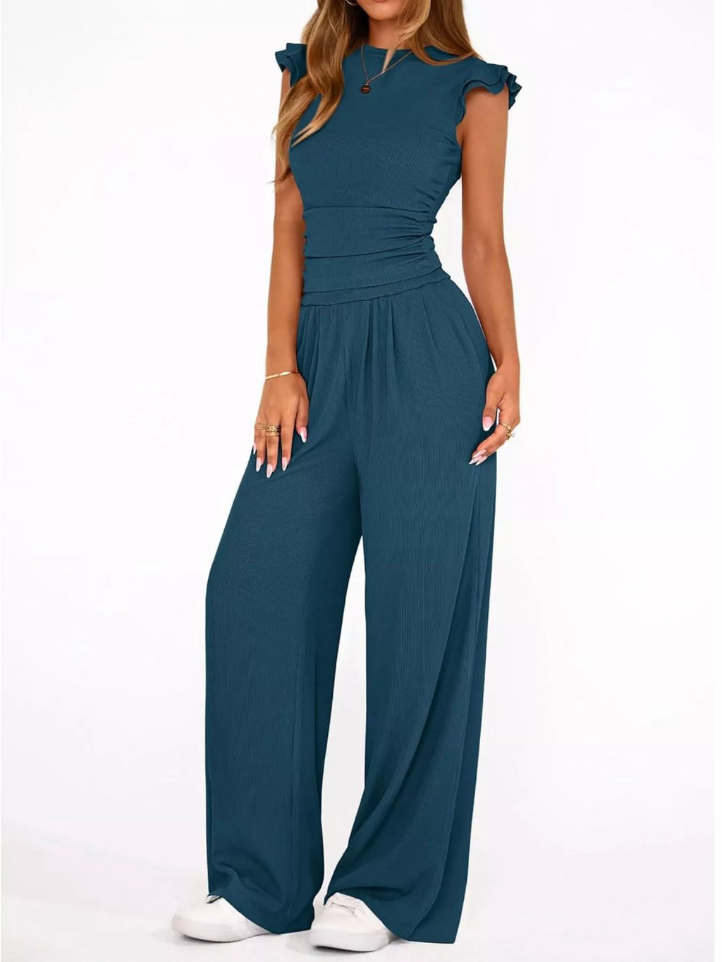 Ruffled Mock Neck Top and Wide Leg Pants Set