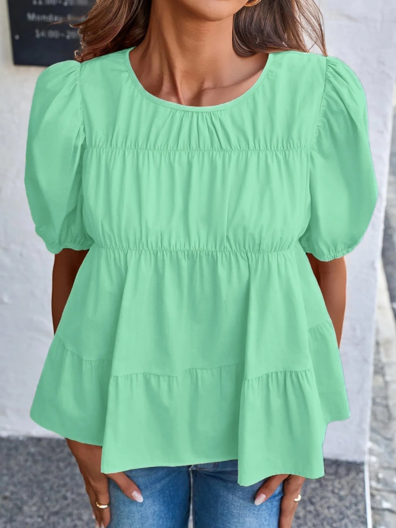 Tiered Round Neck Puff Sleeve Ruched Blouse