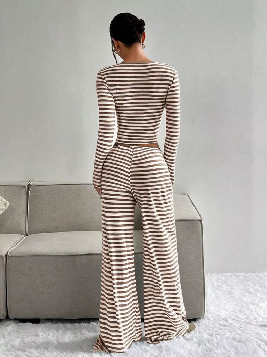 Striped Long Sleeve Crop Top and Wide Leg Pants Set