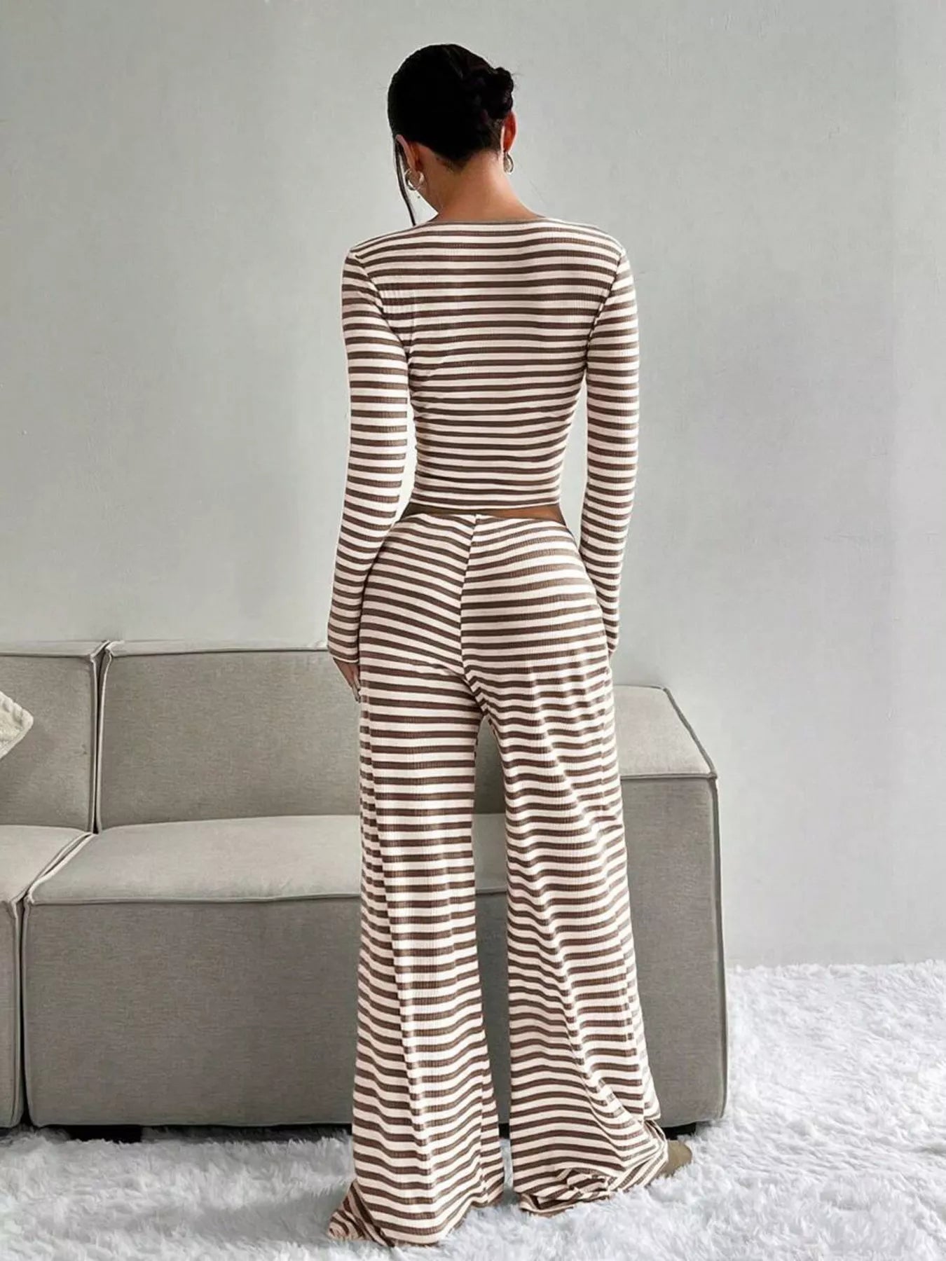 Striped Long Sleeve Crop Top and Wide Leg Pants Set