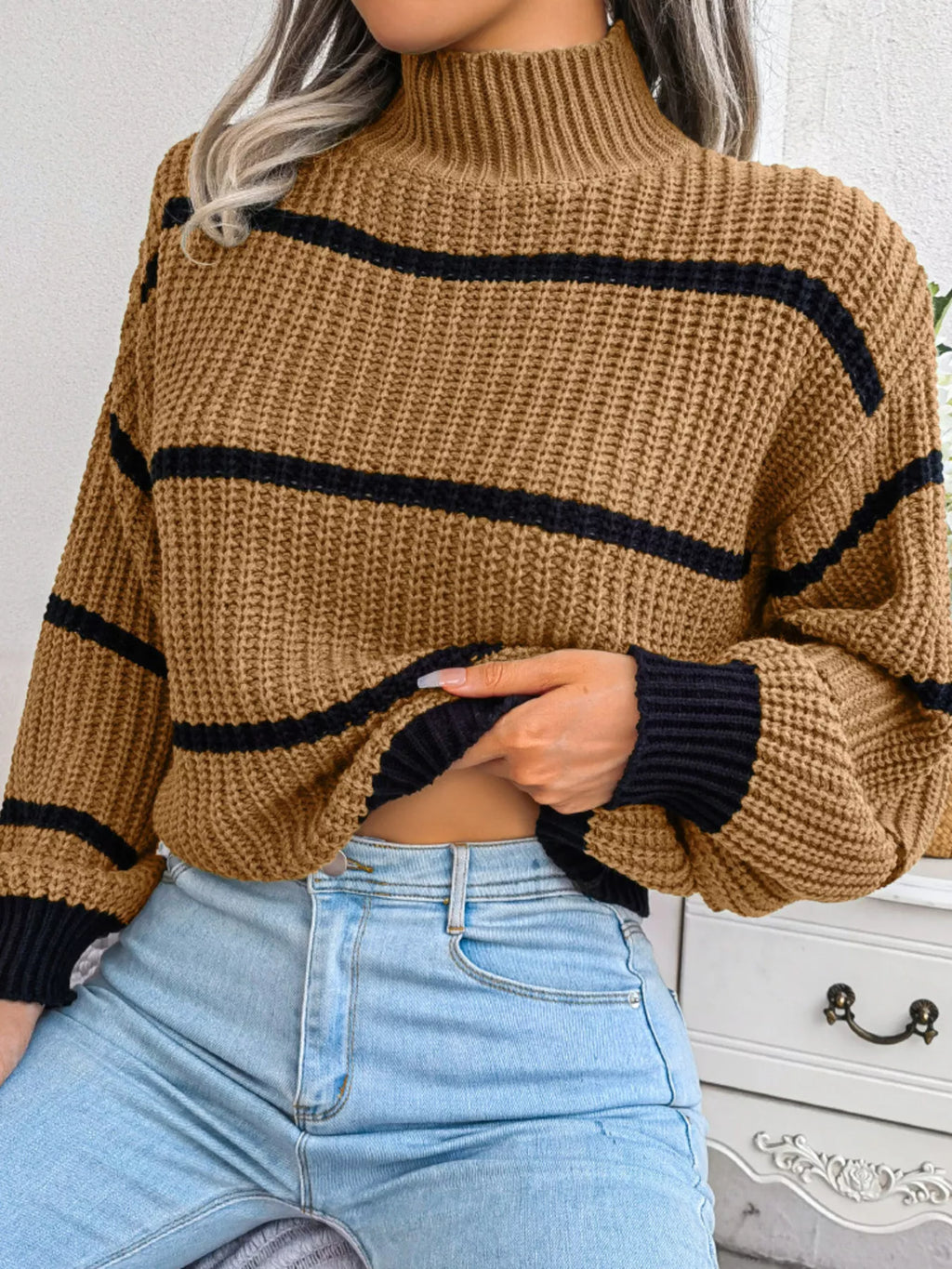 Full Size Striped Mock Neck Knit Sweater Plus Size