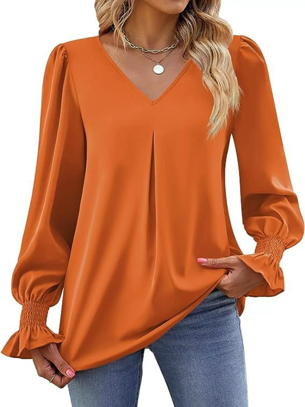 V-Neck Long Sleeve Ruffle Cuff Blouse