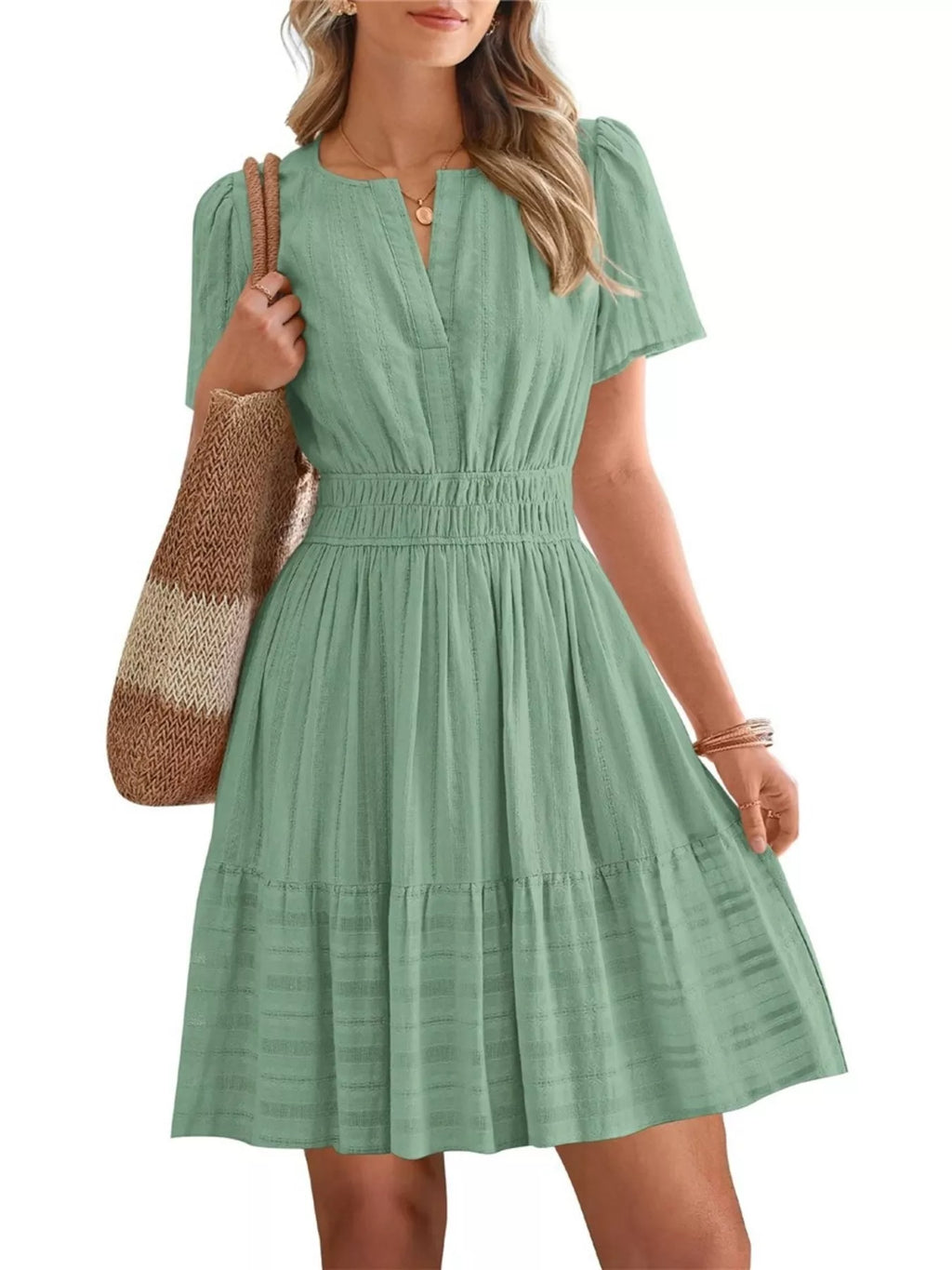 Short Sleeve Smocked Waist Tiered Dress