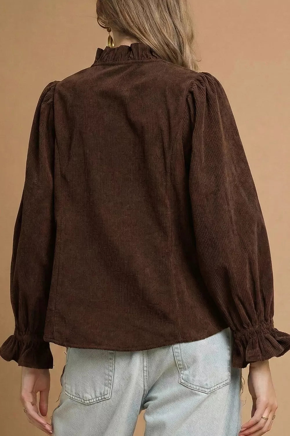 Solid Color Ruffle Trim V Neck Long Sleeve Button Corduroy Shakcet