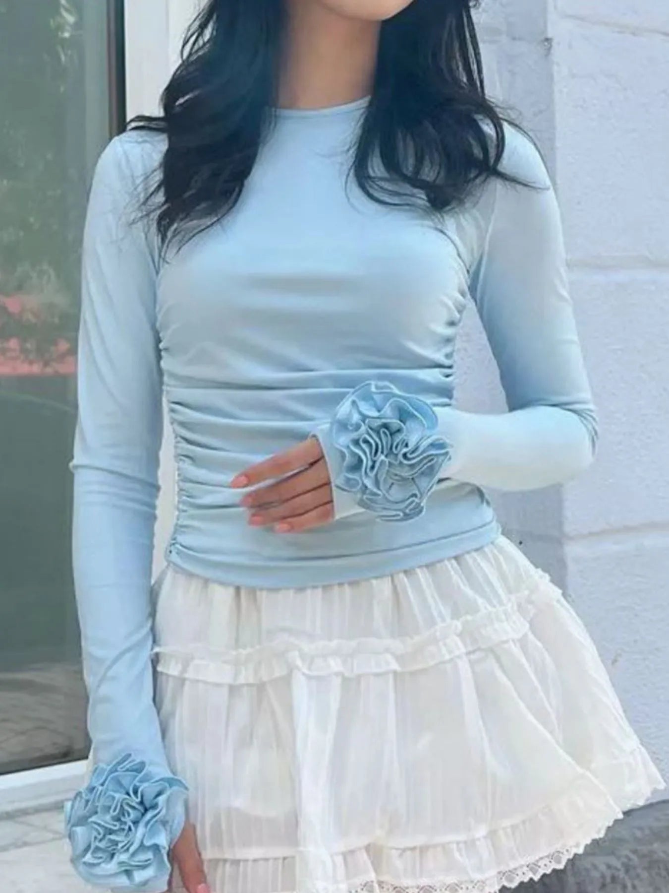 Flower Round Neck Long Sleeve T-Shirt
