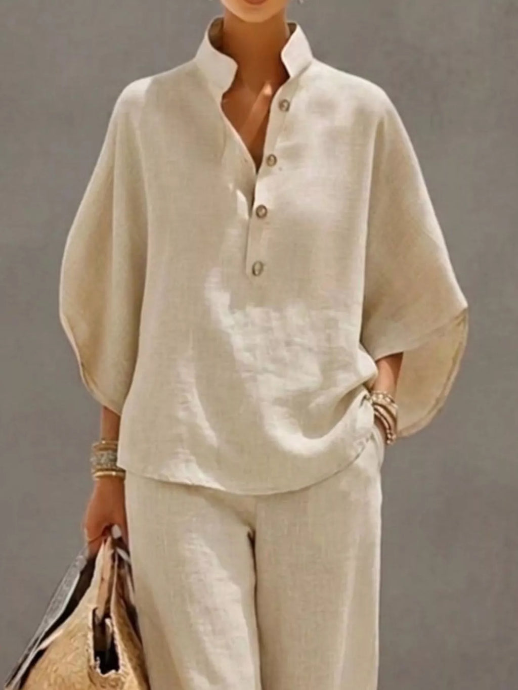 Full Size Button Detail 3/4 Sleeve Top and Pants Set Plus Size