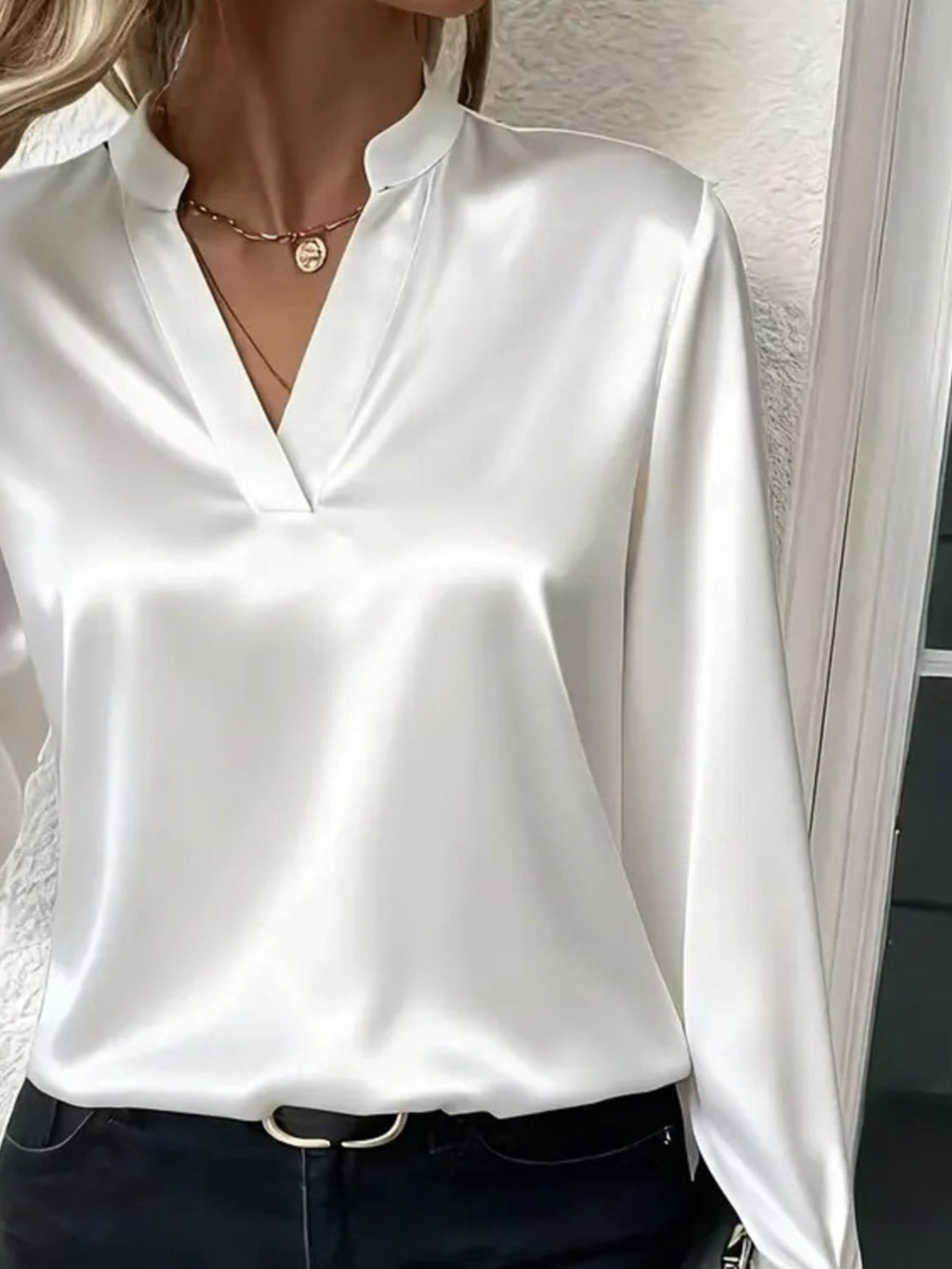 Notched Long Sleeve Blouse