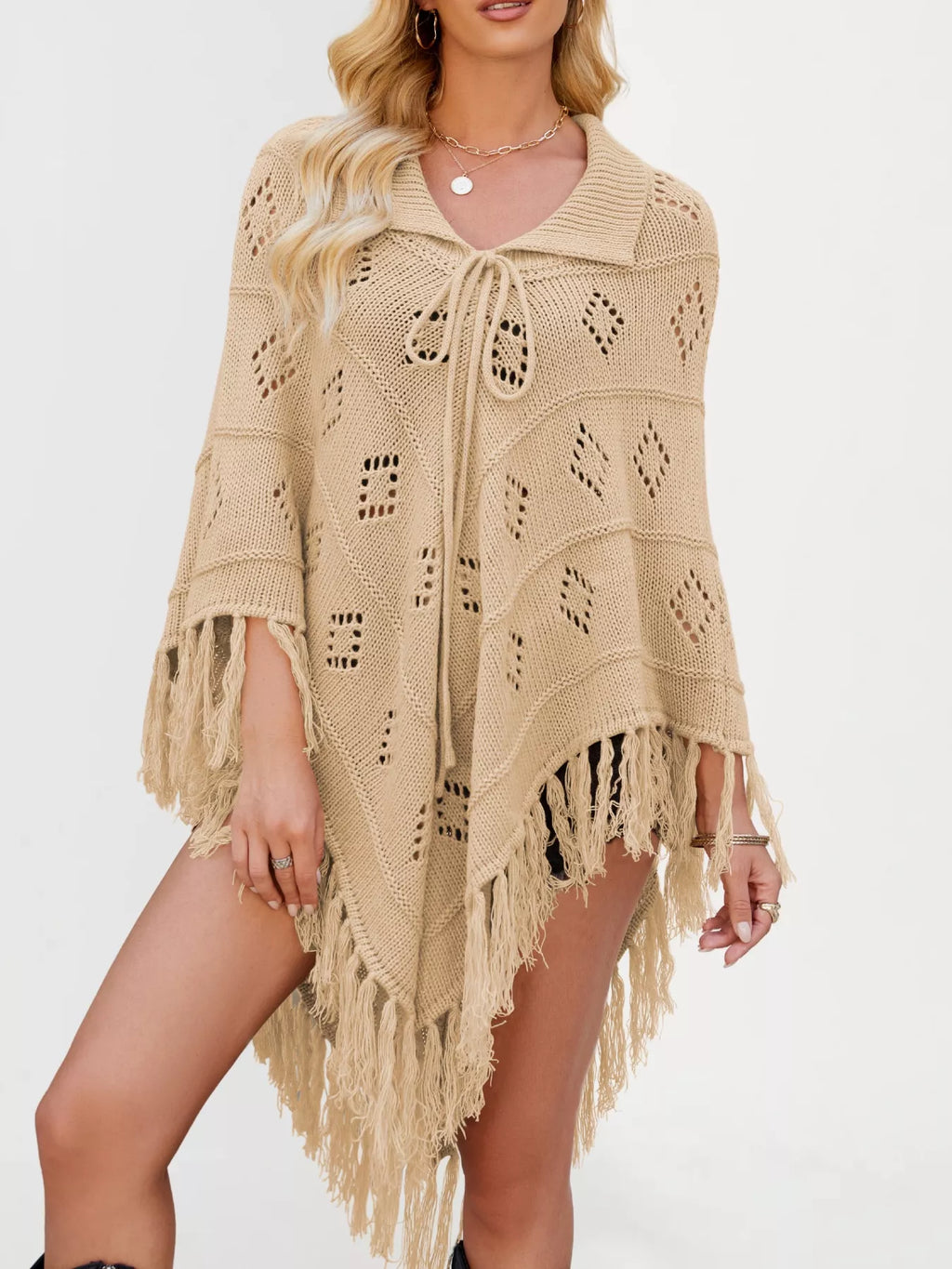 Fringe Openwork Knit Cover Up
