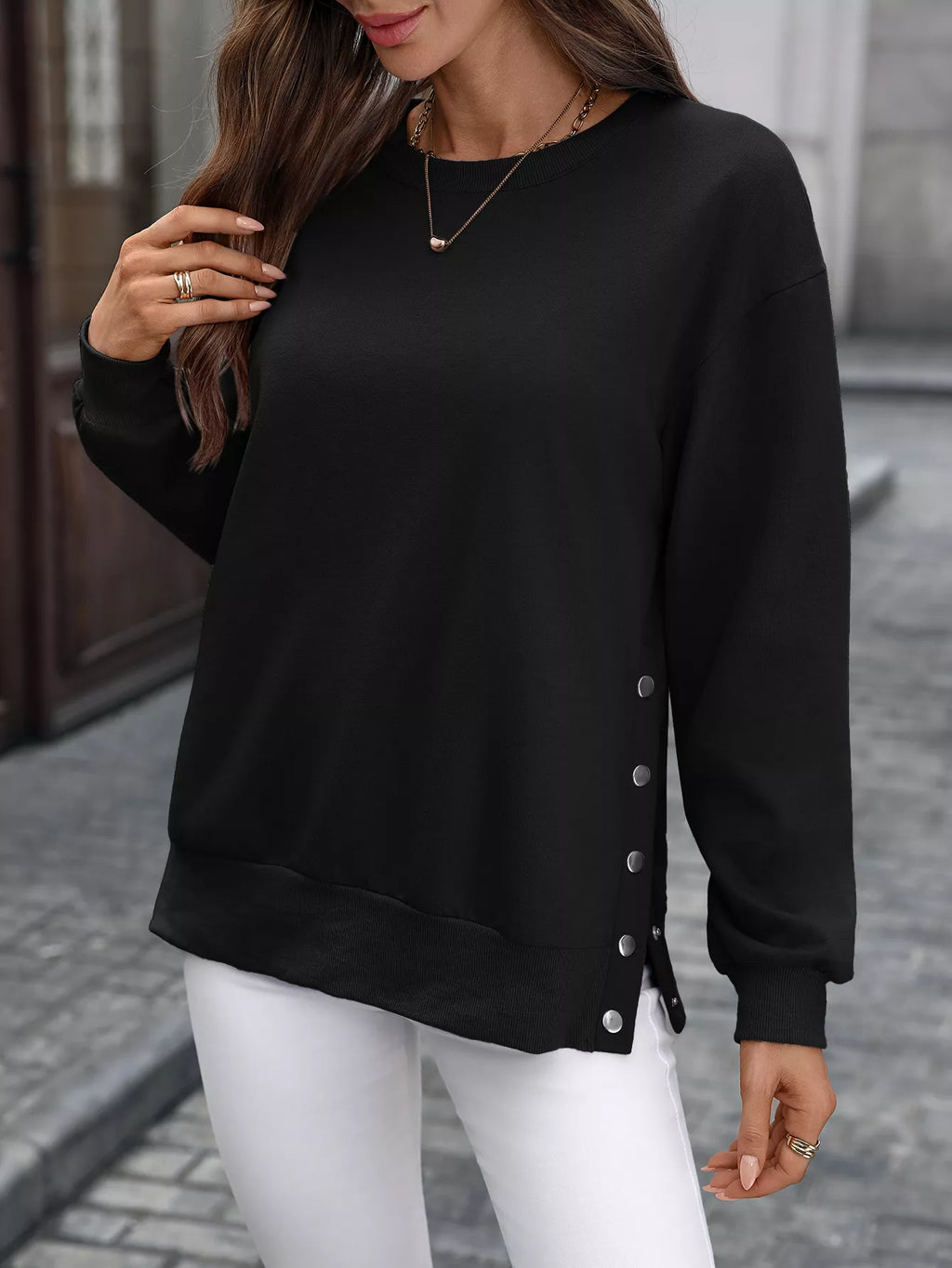 Side Snap Round Neck Sweatshirt