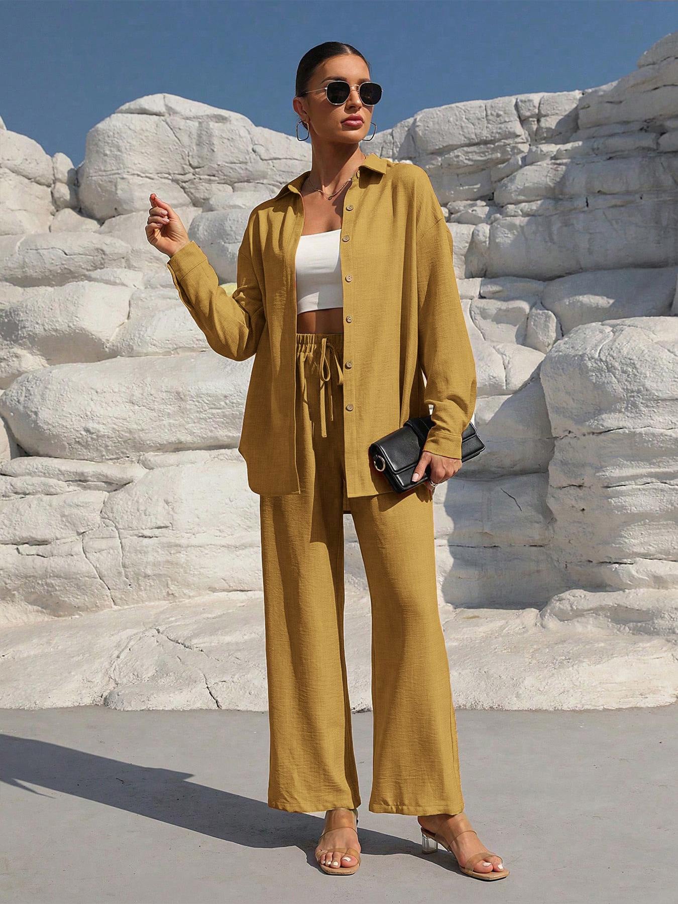 Button Up Long Sleeve Shirt and Pants Set