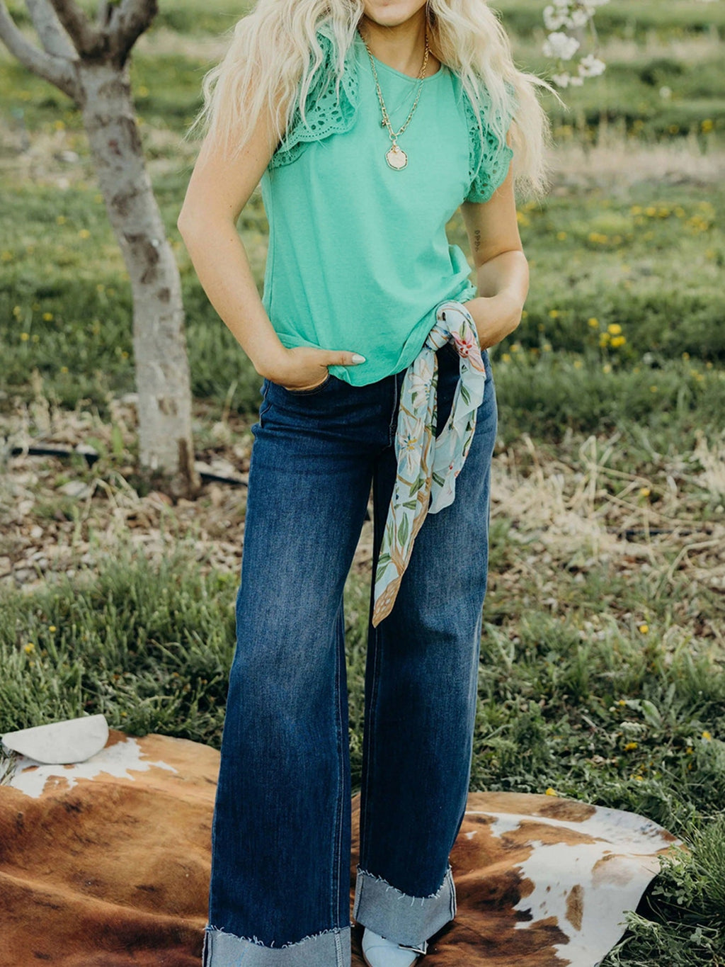 Eyelet Lace Ruffled Cap Sleeve Top