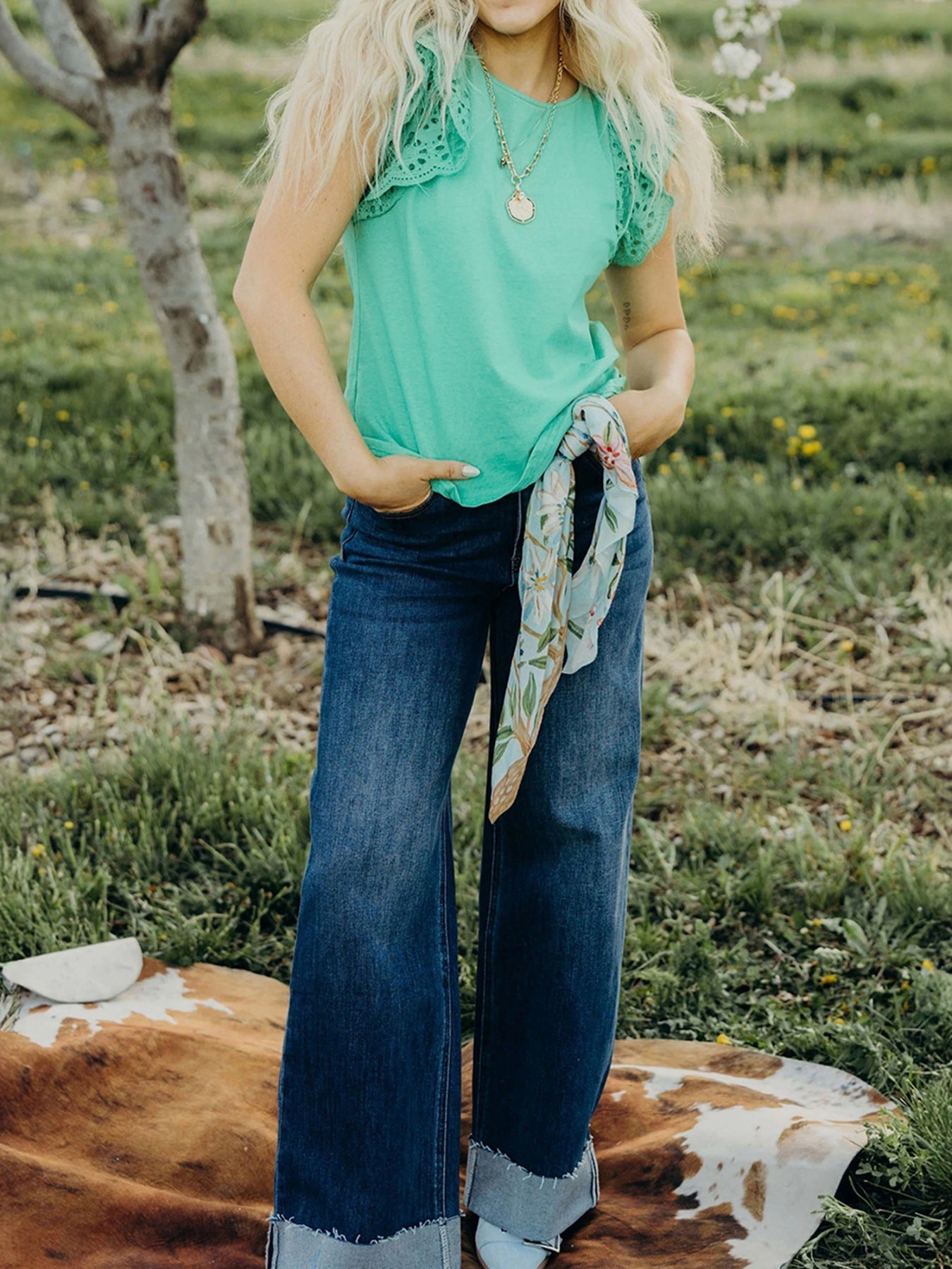 Eyelet Lace Ruffled Cap Sleeve Top