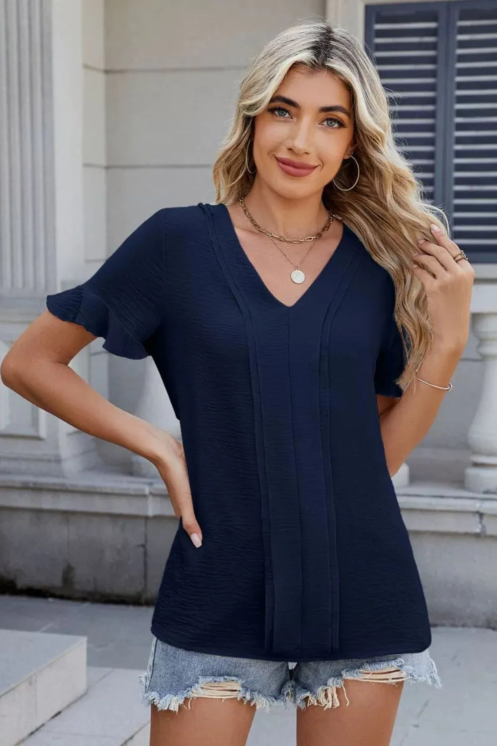 Ruffled V-Neck Short Sleeve Blouse