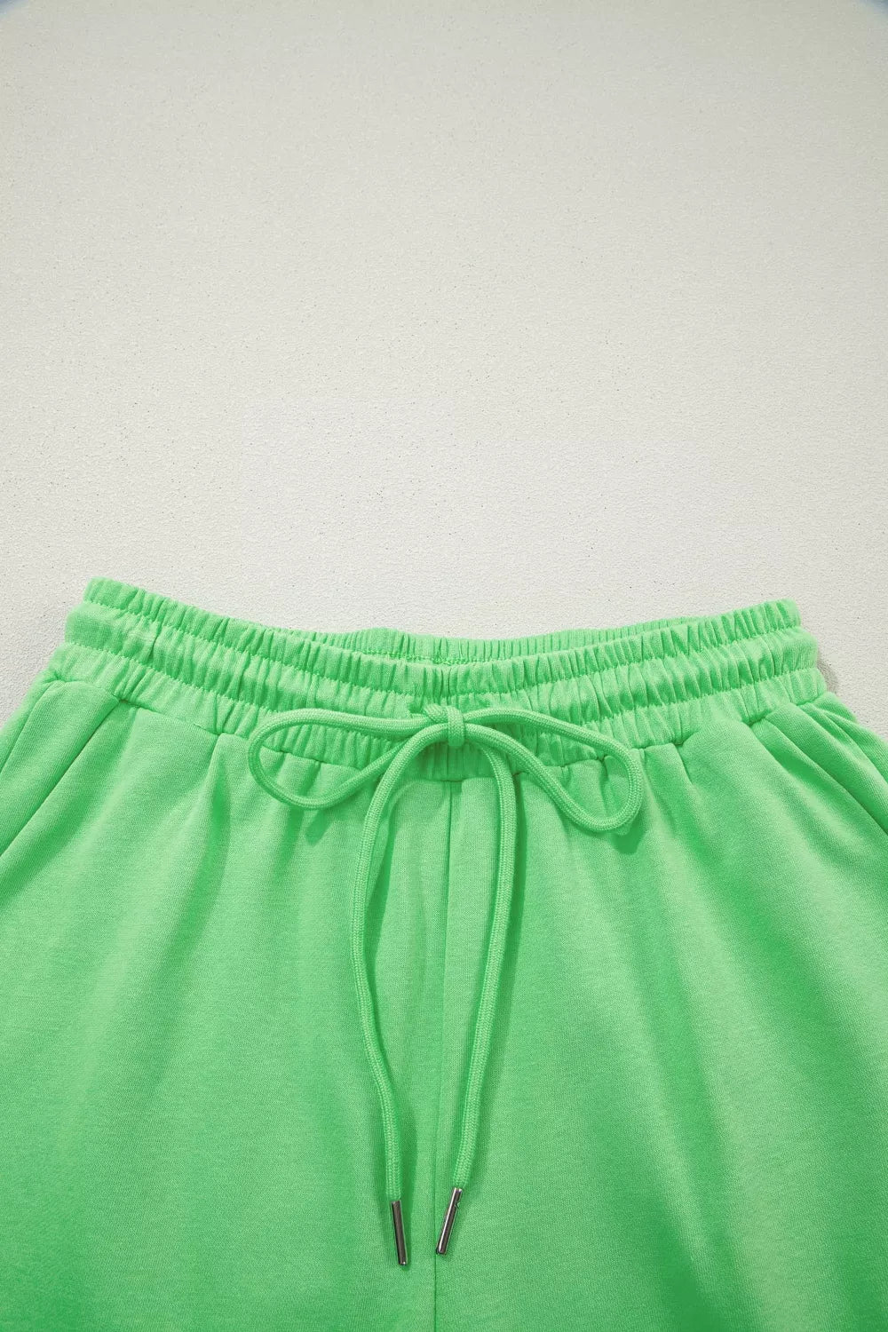 Solid Color Puffy Loose Top Drawstring Shorts 2pcs Outfit
