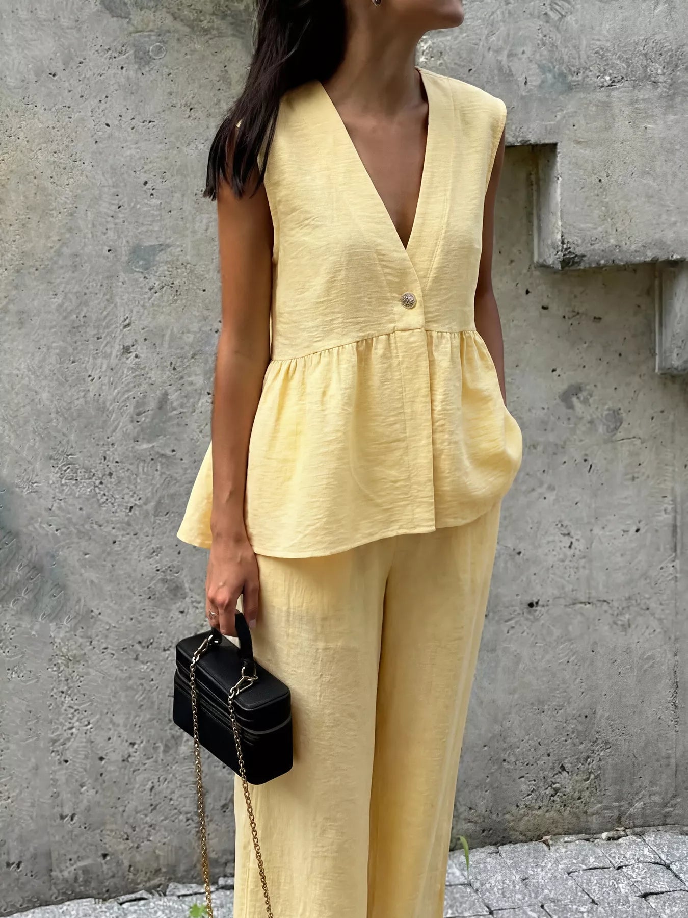 One Button Sleeveless Top and Pants Set
