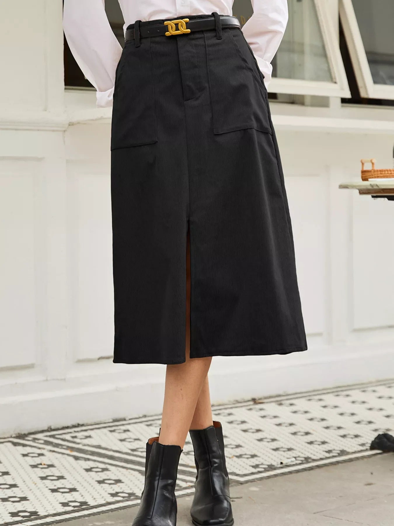 Front Slit Shift High Waist Midi Skirt