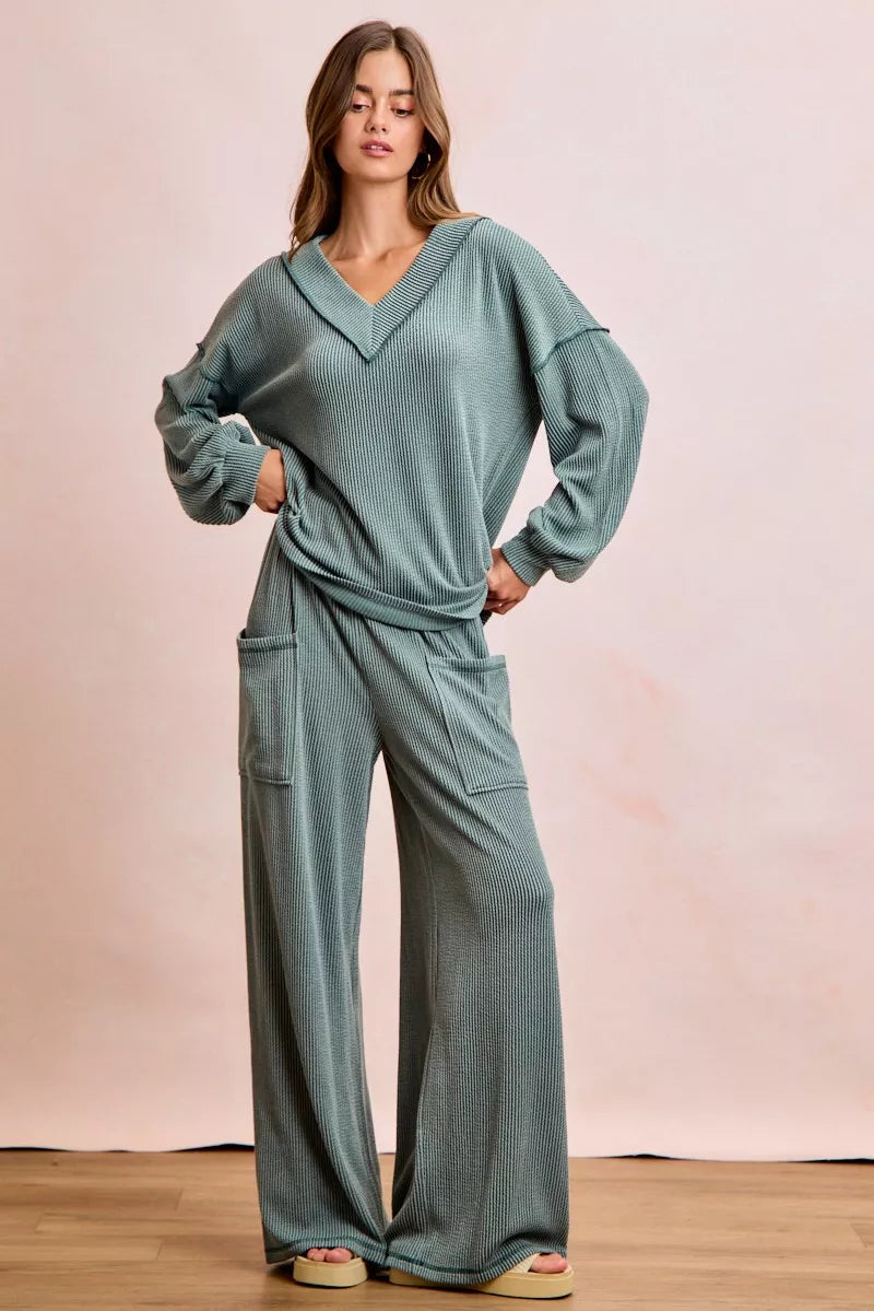 BiBi Two Tone Cord Rib Contrast Stitching V-Neck Top and Pants Set