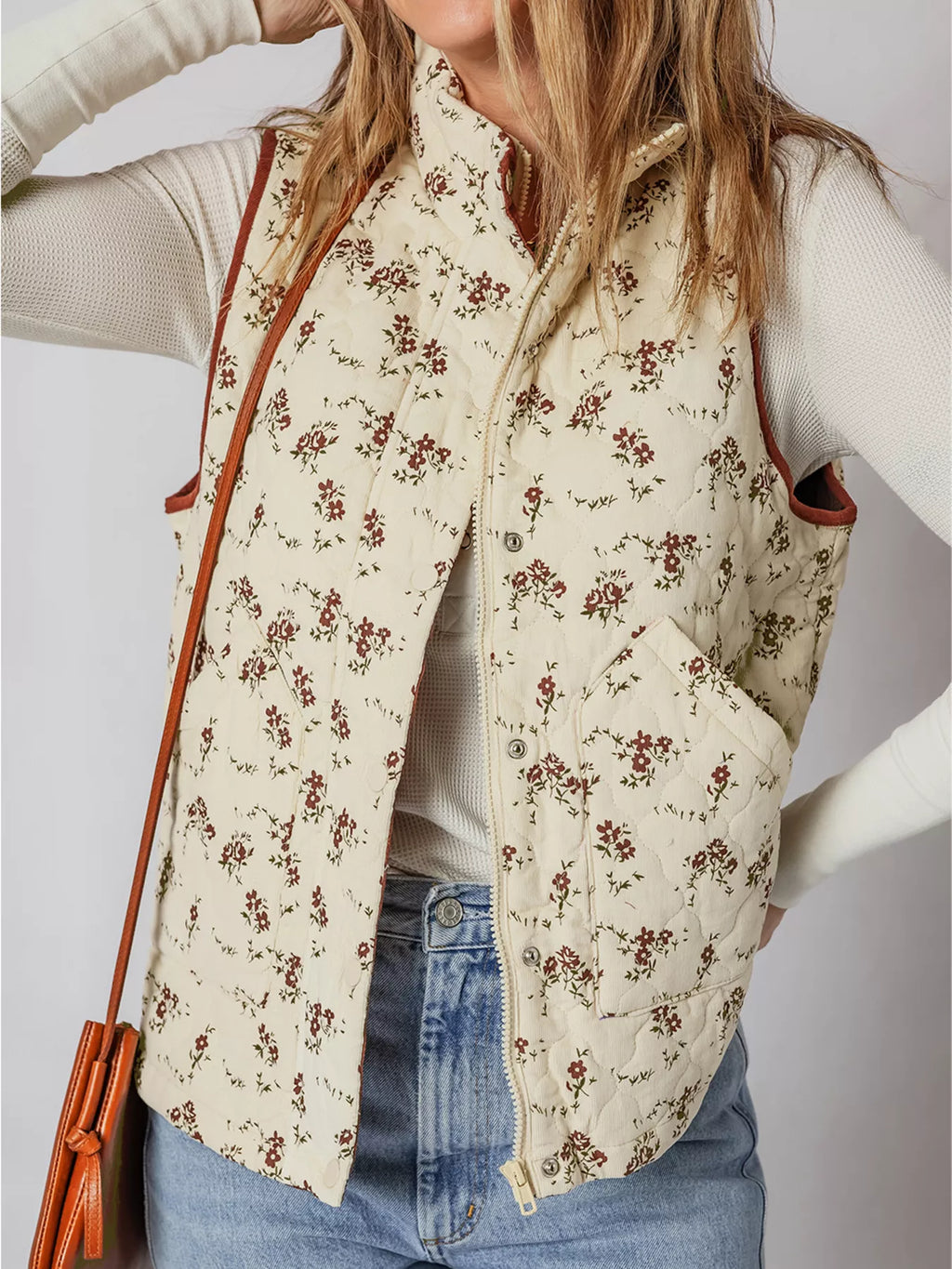 Floral Print Zip Up Quilted Vest