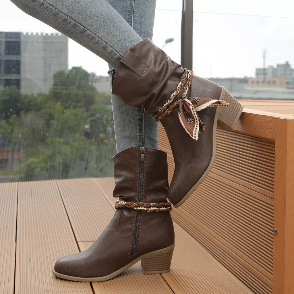 Braided Detail Western Boots with Block Heels