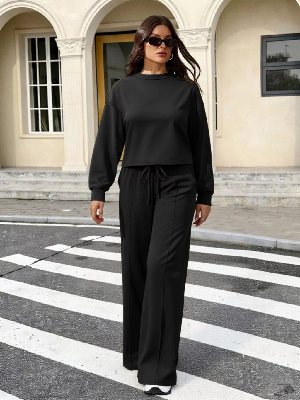 Solid Color Long Sleeve Top & Wide Leg Pants Set