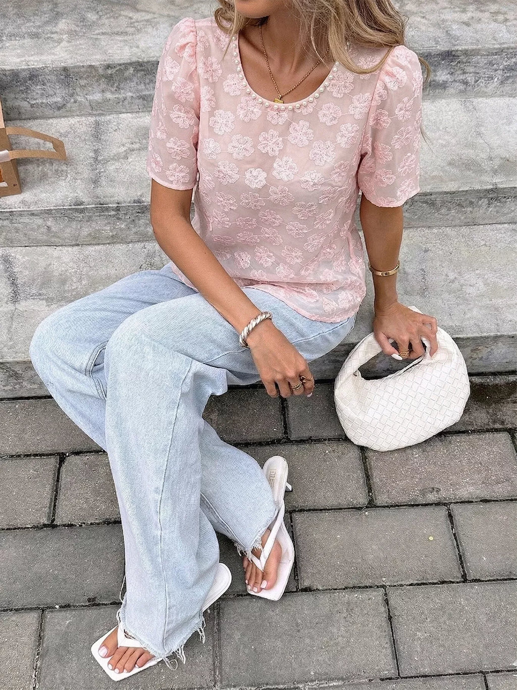 Floral Embroidered Pearl Trim Blouse