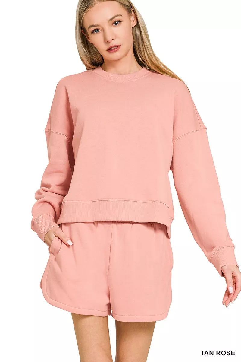 Zenana Fleece Long Sleeve Sweatshirts and Shorts Set