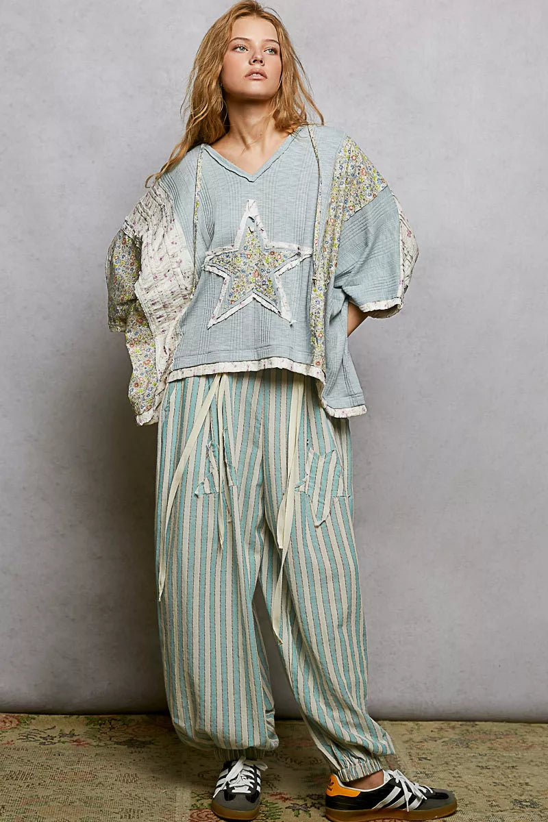 POL Floral Star Patch Hooded Blouse with Lace Contrast Detail