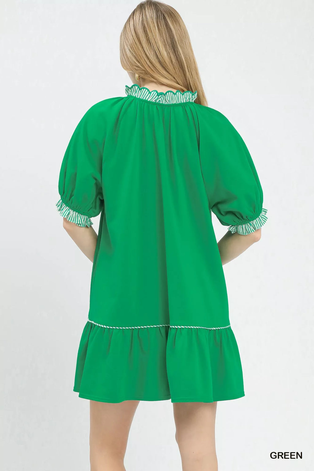 Umgee French Terry Mini Dress with Ruffled Striped Trim