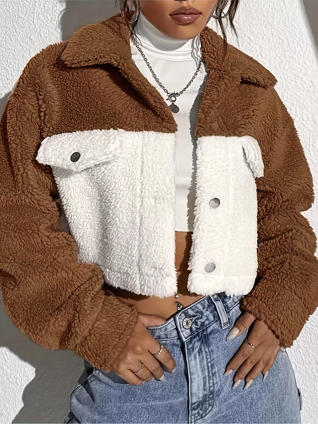 Two-Tone Plush Cropped Jacket