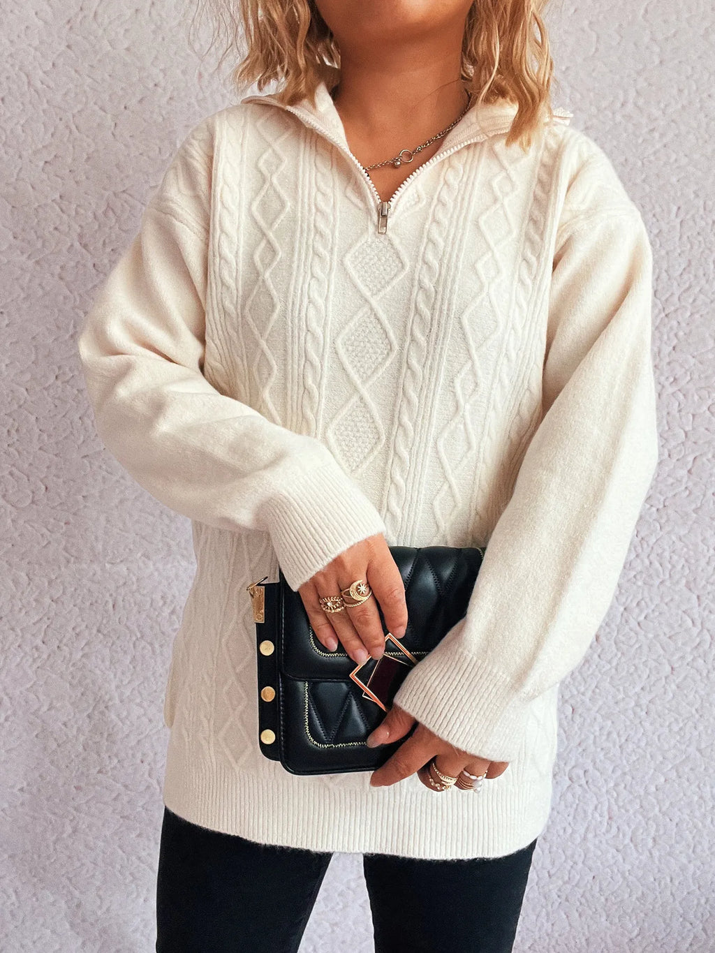 Texture Zip Collar Long Sleeve Sweater