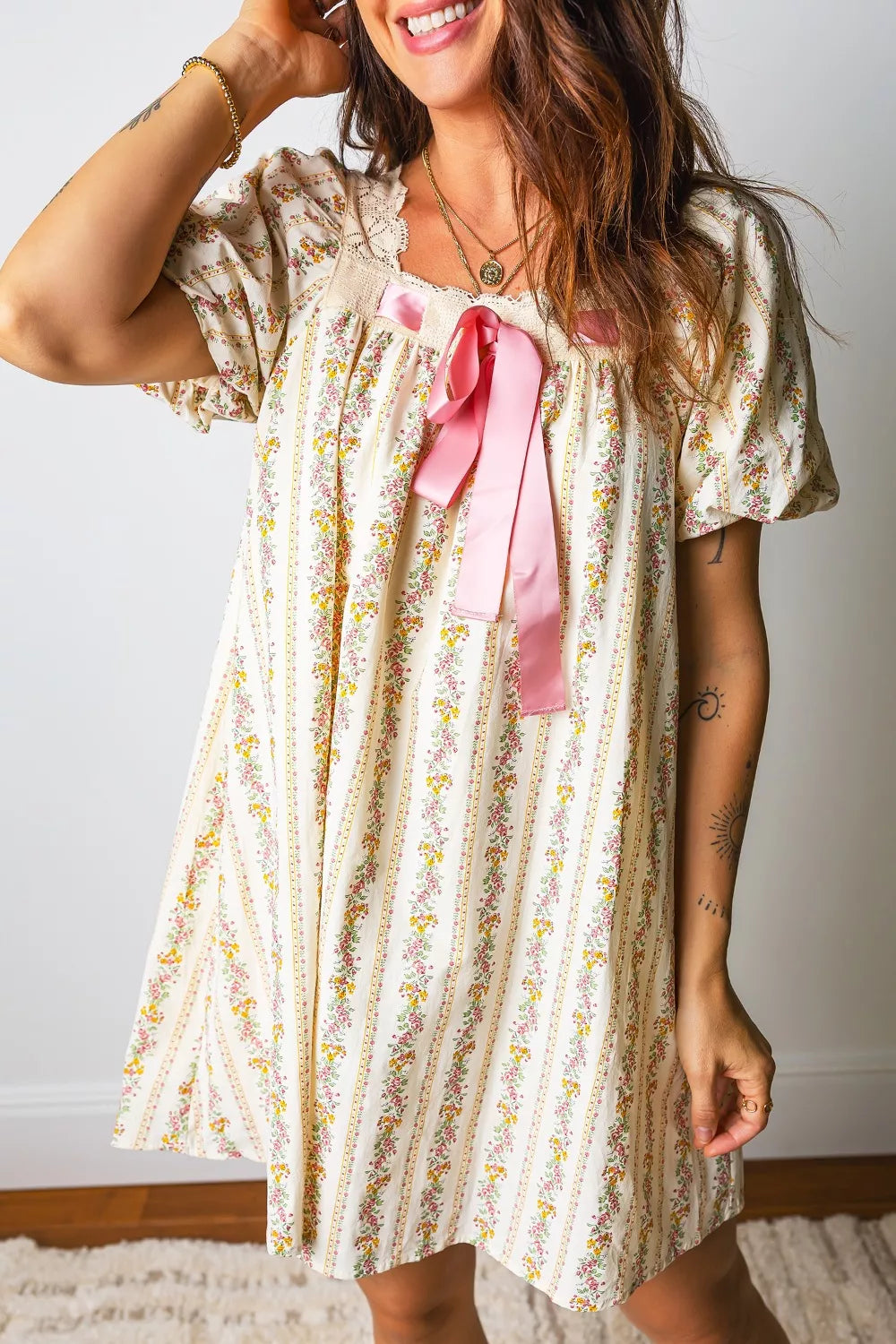 Multicolour Floral Print Contrast Ribbon Bow Lace Trim Square Neck Mini Dress