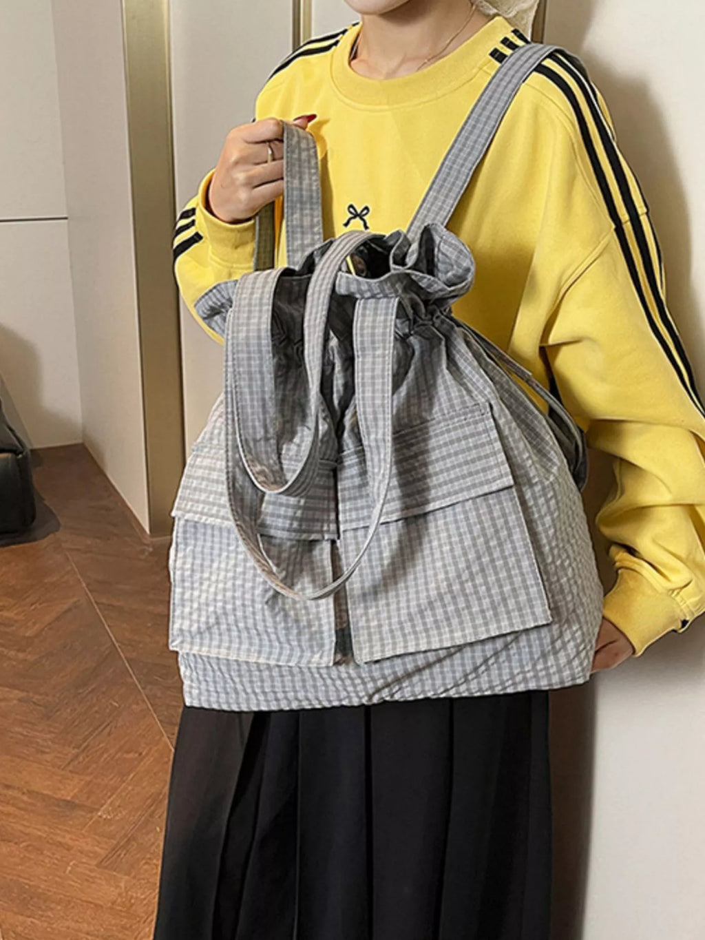 Convertible Plaid Drawstring Backpack Bag