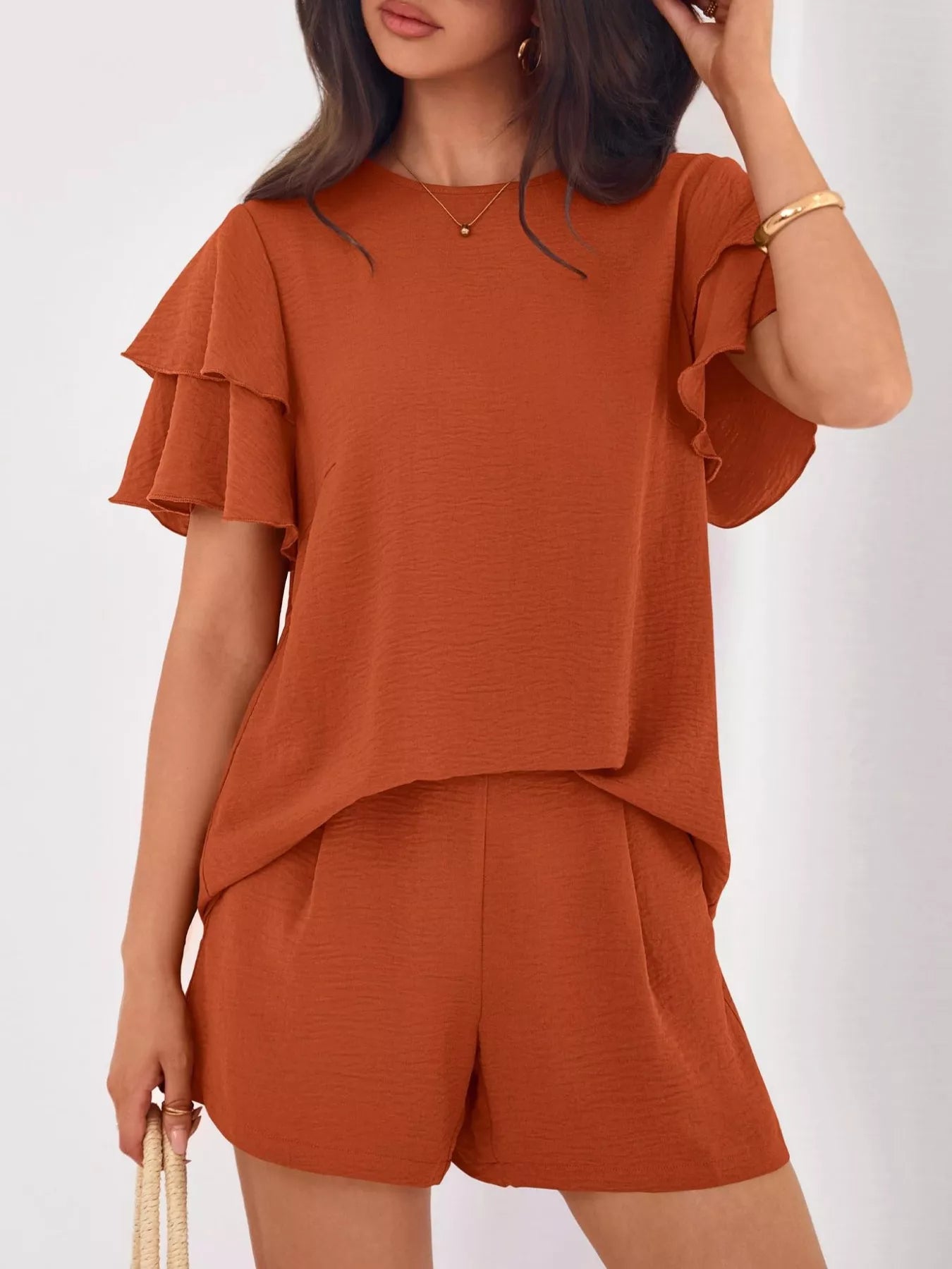 Ruffle Sleeve Top and Shorts Two-Piece Set