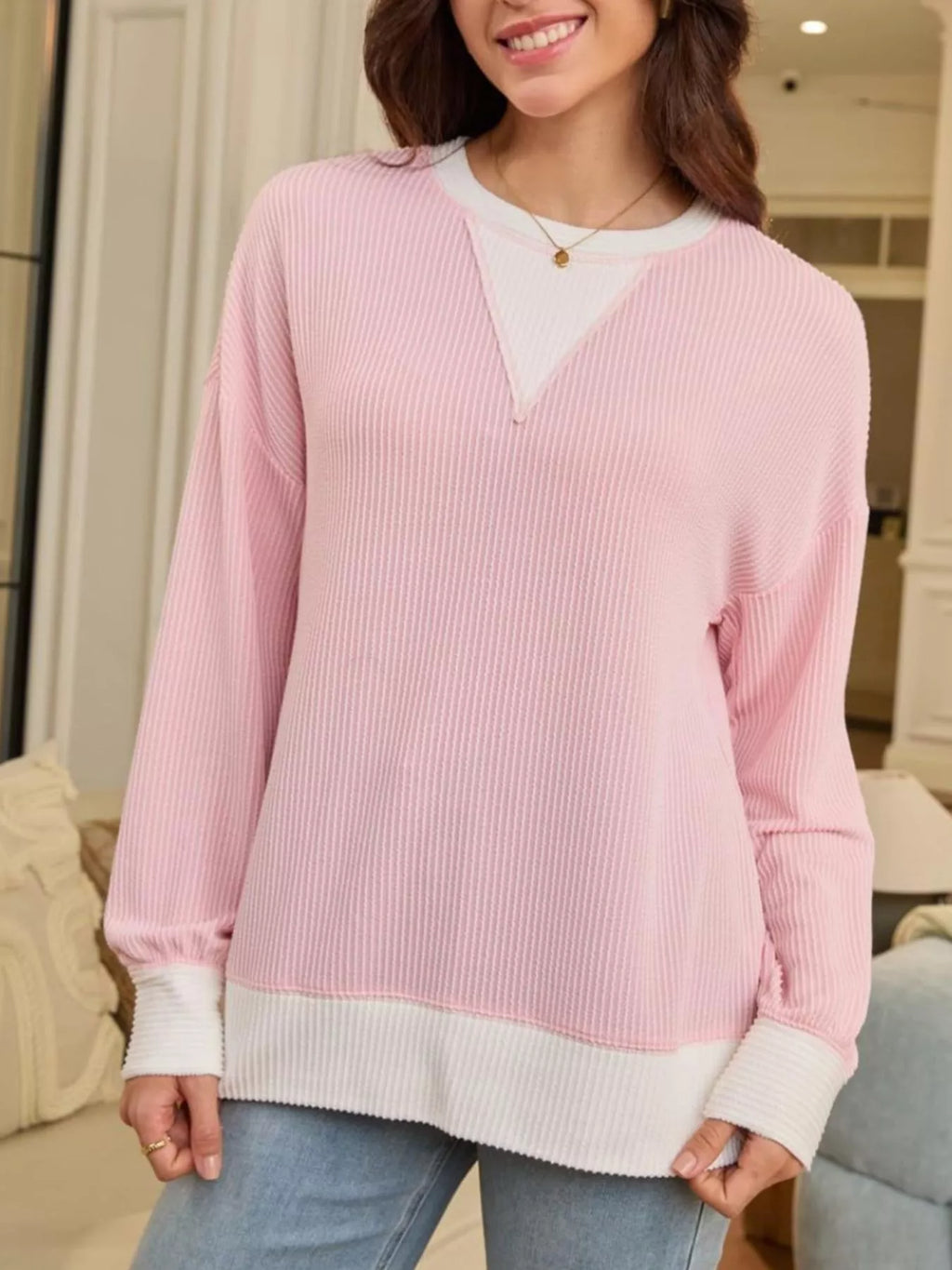 Two-Tone Ribbed Knit Sweatshirt