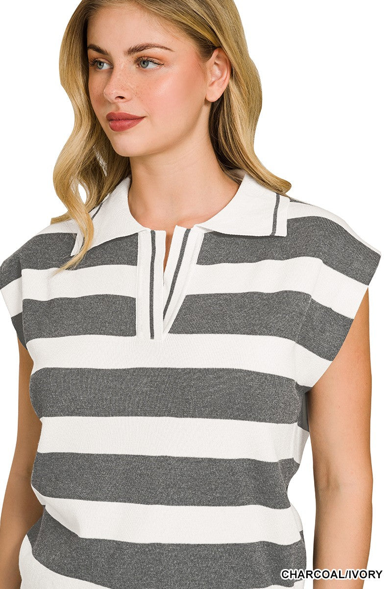 Zenana Viscose Striped Collared Sweater Vest