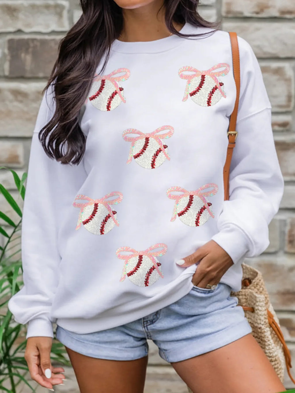 Sequin Bow Baseball Patched Casual Sweatshirt