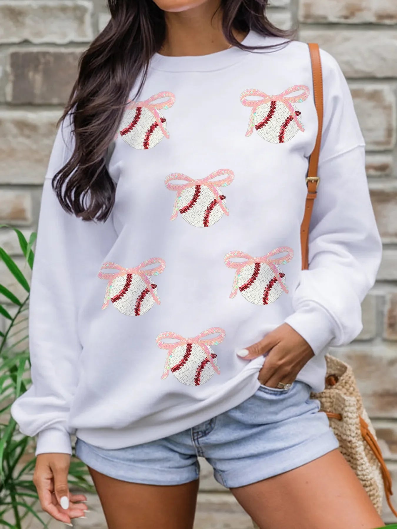 Sequin Bow Baseball Patched Casual Sweatshirt