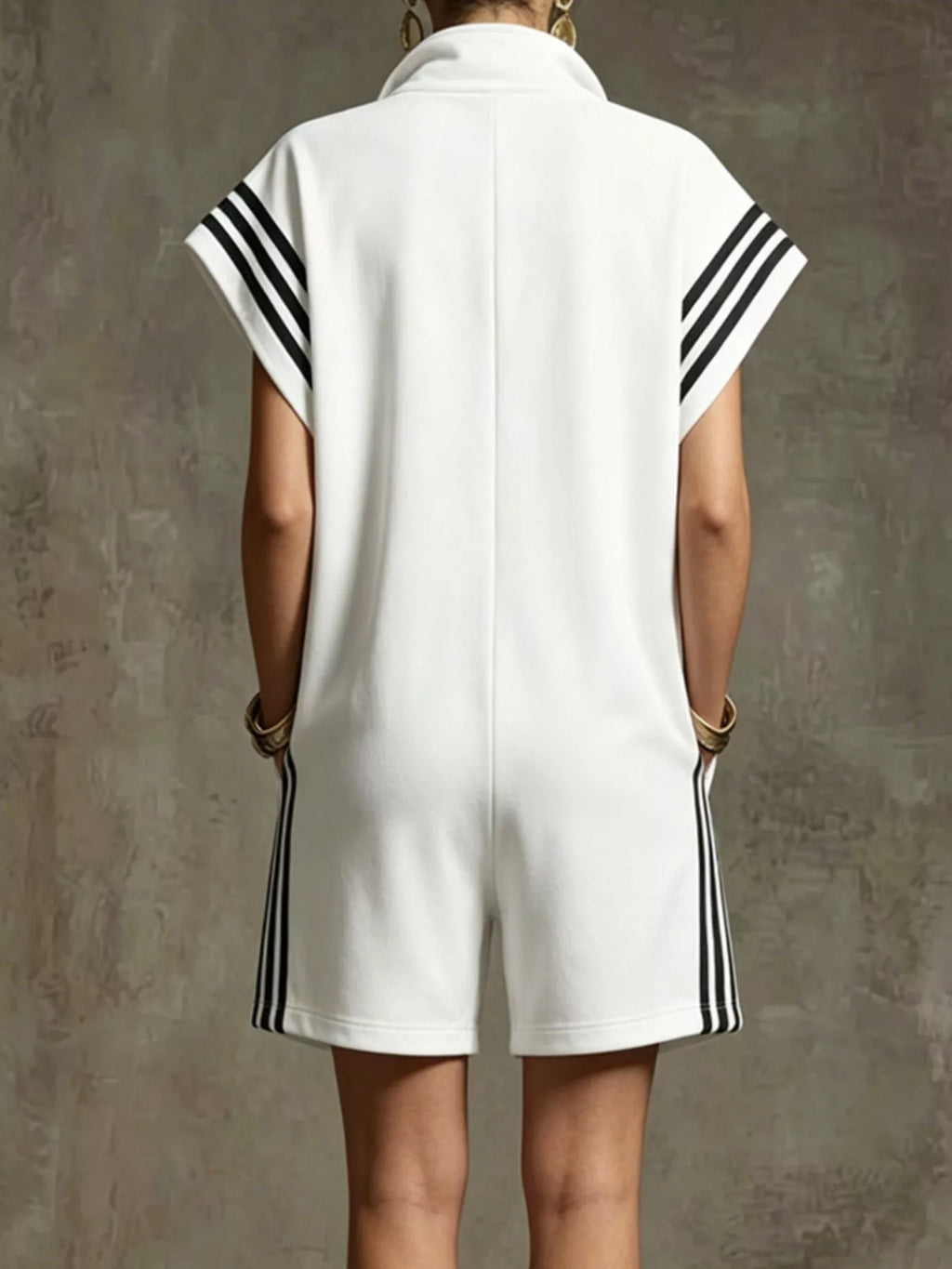 Striped Zip Front Short Sleeve Romper