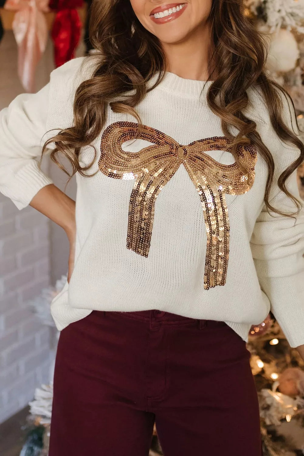 Sequin Bow Embellished Pullover Sweater