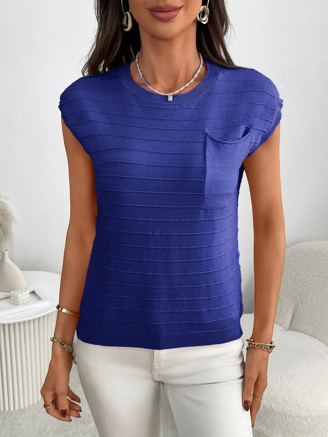Round Neck Cap Sleeve Knit Top